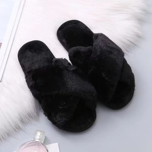 Home solid color rabbit fur korean fashion plush indoor non slip cross women‘s flat slippers