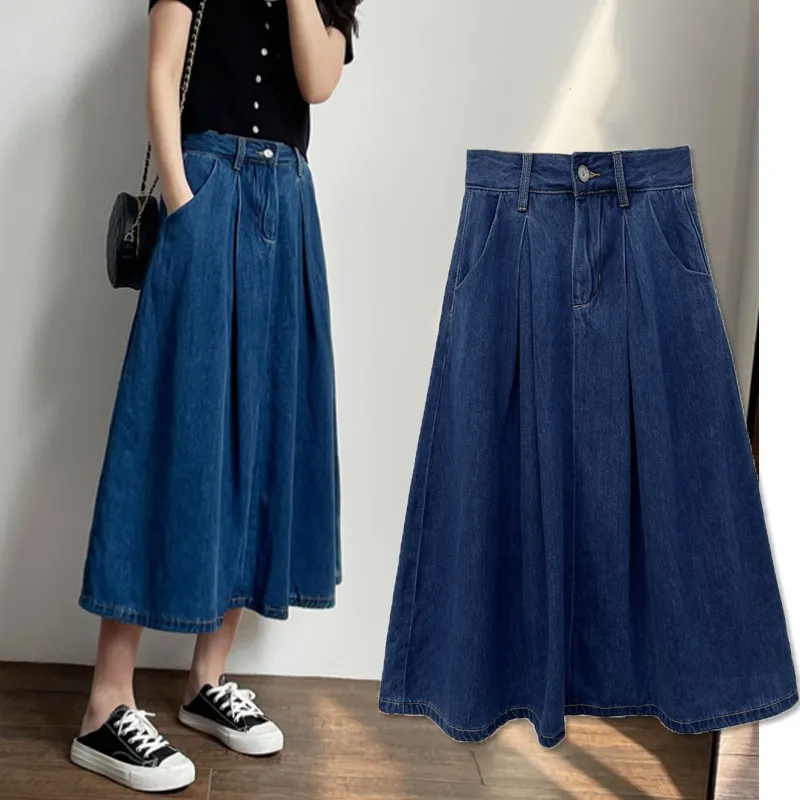 Plus Size S 4XL Women Long Maxi Denim Skirt Spring Summer Autumn Fashion Elegant Casual Flare Pleated Ruffle High Waist Slim Loose Jean Skirt Blue Lazada Singapore