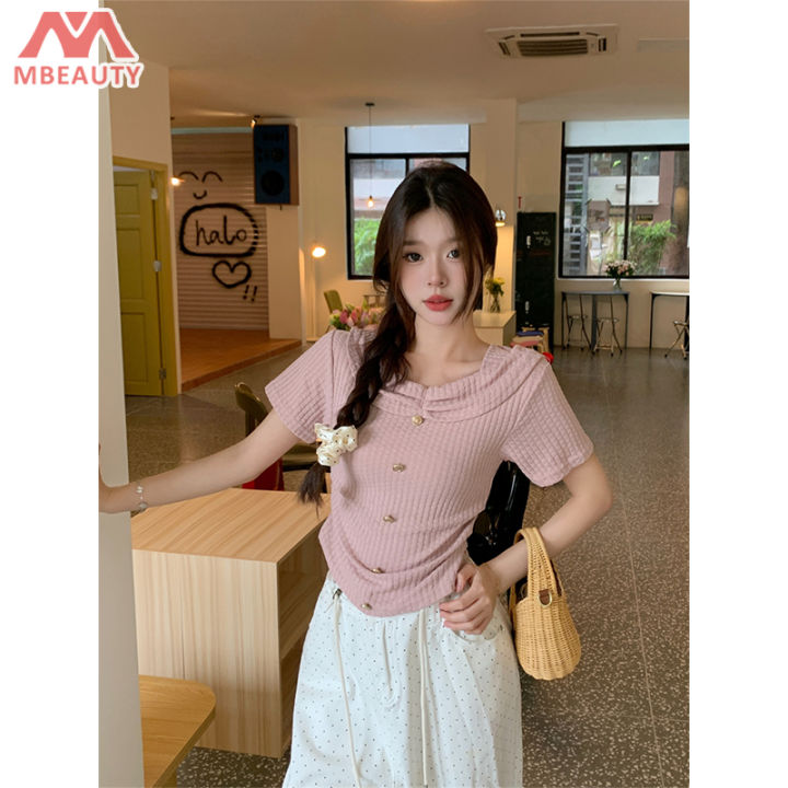 Mbeauty เสื้อยืดแขนสั้นคอปกสี่เหลี่ยมบริสุทธิ์2024ใหม่ | Lazada.co.th