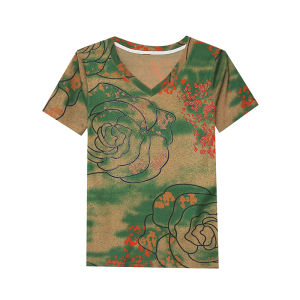 REHIN Womens top V-neck hot drill print short-sleeved T-shirt new Korean version Slim fit elegant S-3XL blouse