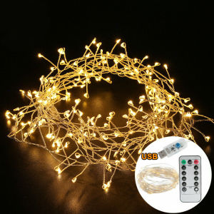 【On Sale】200 LEDs Christmas Fairy Lights USB with Remote Control 8 Flash Modes Waterproof Silver Wire Copper Wire Flash String