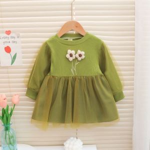 KID FASHION Dress Anak Perempuan Gaun Lengan Panjang Katun Tile Bunga Korean Style Usia 1-4 Tahun