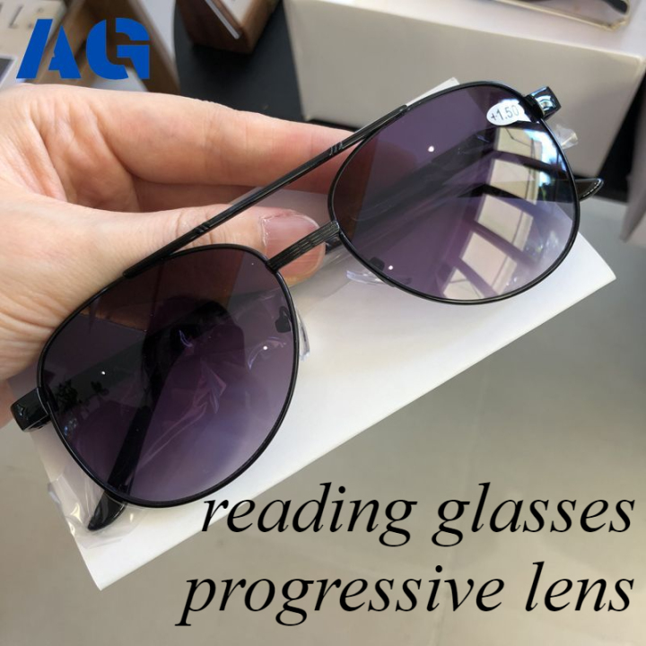 A-G Progressive Sunglasses with Grade Multifocal Reading Glasses for Men  Light Grey Lens Aviator Style Outdoor Anti UV Driving in Eyeglasses  Anti
