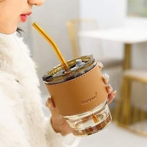 Cốc thuỷ tinh hổ phách bọc da 450ml tặng kèm ống hútcốc làm quà tặng xịn sò cao cấp ý nghĩa Vuadienmay