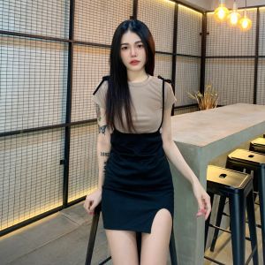 🌈MesubShop🌈ชุดเซ็ต 2 ชิ้น เสื้อครอปแขนสั้น + เอี๊ยมสั้น ต้องมีน้า ผ้ายืดเยอะ ทรงรัดรูปใส่ง่าย รุ่น คอกลม45+เอี๊ยม