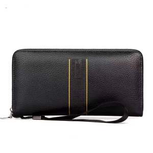 SPS BAGS#8017 Fashionable long zip-around wallet for Men with a vertical striped accent strap and a wrist lanyard.