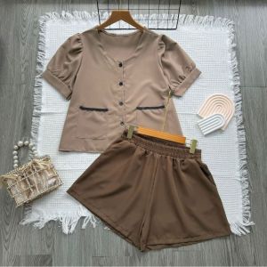 Set bộ bigsize nữ thiết kế thời trang áo sơ mi tay bồng kèm quần lưng chun co giãn tôn dáng size 60-100kg - SET830