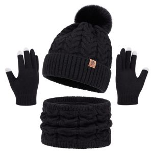 NAELIN 3Pcs/Set Đồ nhồi bông Mũ mùa đông khăn quàng cổ găng tay Màn hình cảm ứng Ấm áp Bộ khăn quàng cổ và găng tay Thời trang Bảo vệ cổ Mũ len Nam Nữ