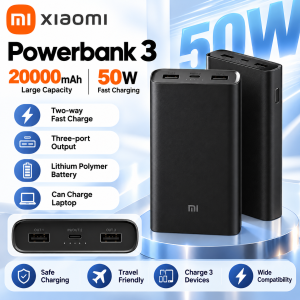 Xiaomi Powerbank 3 20000mAh 50W Fast Charging Two-way Output Three-port Lithium Polymer Battery Laptop Charging Safe Travel Compatible
