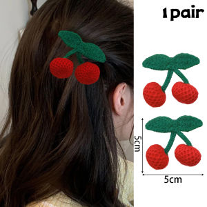 【♡Lovely girls house♡】2Pcs Women Girls Knitted Red Cherry Hairpin Hair Clips Headwear Hair Accessories