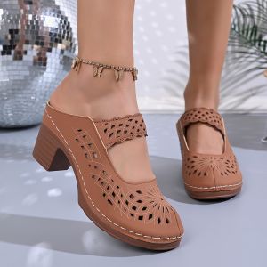 [Free Shipping] Plus-Size Slippers 2026 Spring/Summer New Collection Fashionable Hollow-Out Design Wedge Heel Closed-Toe Style WomenS Mid-Heel Sandals
