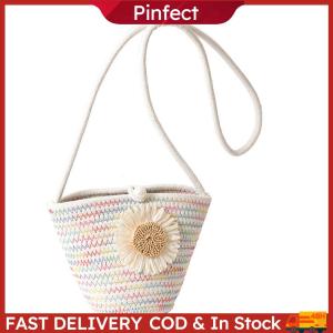Women Girls Woven Straw Single Shoulder Crossbody Bag Flower Decor Crossbody Bag for Outdoor Travel Picnic