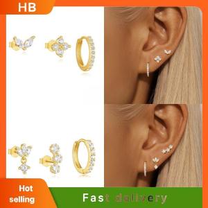 HB 3PCS Fashion Cute Zircon Flower Ear Stud For Women Fashion Gold Plated Star Ear Stud Earring Girl Set Jewelry Gift