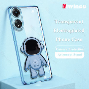 Niwinee thời trang màu xanh mạ Ốp điện thoại cho OPPO A98 A96 A95 A94 A92 A78 A77 A76 A74 A58 A54 A52 5G 4G A53 A33 A31 A9 A5 2020 phi hành gia đứng vỏ trong suốt mềm chống sốc Khung lưng