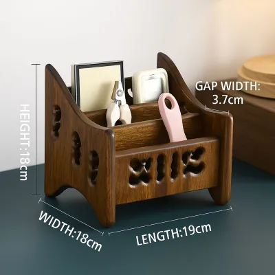 Solid Teak Wood Remote Control Holder | Multi-Functional Desktop Organizer for Remote Phone & Stationery
