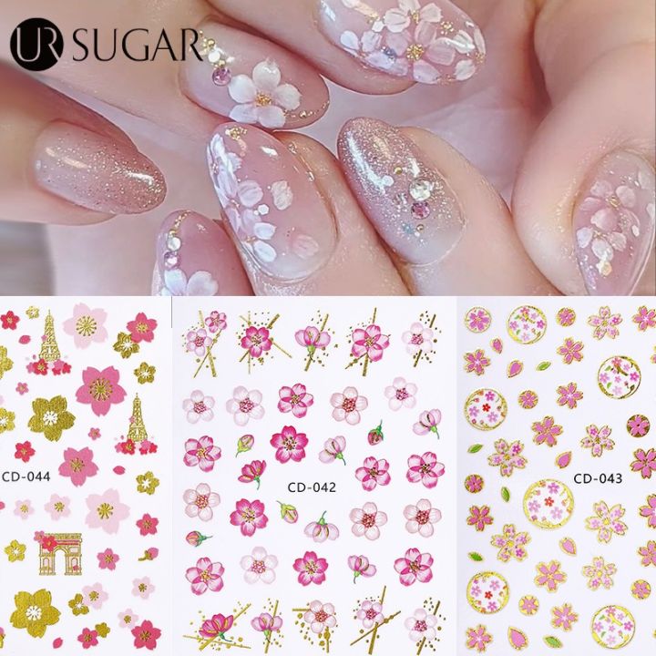 UR SUGAR Spring Pink Flowers 3D Nail Stickers Golden Cherry