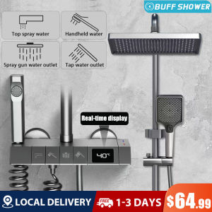 【Local delivery】Piano Key 4-speed Shower Nozzle Set Multifunctional Gray Shower Set Intelligent Real-time Digital Display Pressure Nozzle Set all Copper Bathroom Faucet