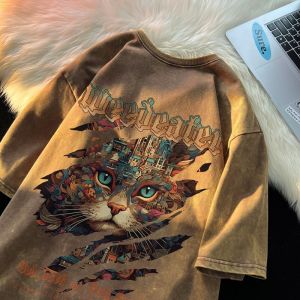 Áo thun ngắn tay kiểu retro Mỹ hằn hoa mèo rộng rãi size lớn dáng áo half sleeve phong cách hip-hop mùa hè chất liệu vải xơ được làm mới và giặt nhẹ