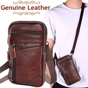 BELLERY Single/Double Layer Crossbody Phone Bag Large Capacity Genuine Leather Phone Chest Bag Waist Pack Universal Messenger Bag Mens