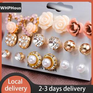 [COD] WHPHous Ship within 24 hours 9 Pairs Set Womens Crystal Pearl Flower Ear Studs Earrings Elegant Jewelry Gift