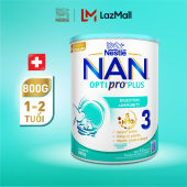Sữa bột Nestlé NAN OPTIPRO PLUS 3 với 5HMO xuất xứ Thụy Sĩ - Hộp 800g cho bé từ 1- 2 tuổi - Sữa công thức dinh dưỡng cho trẻ giúp hỗ trợ tiêu hóa đề kháng trí não và phát triển toàn diện