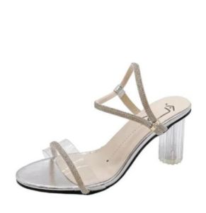 French Fashion Transparent Crystal Thick Heels Elegant Flare Womens Heels 6618