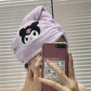 Cute Kuromi Hair Drying Cap Cartoon Anime Coral Fleece Absorb Water Quick-Drying Headscarf Household Towel Quick-Drying No Lint