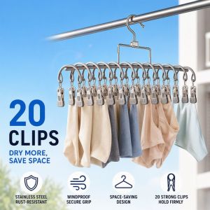 Home&Life.8 Stainless Steel 20 Clips Windproof Drying Rack Hanger For Socks Bras Underwear Laundry Items