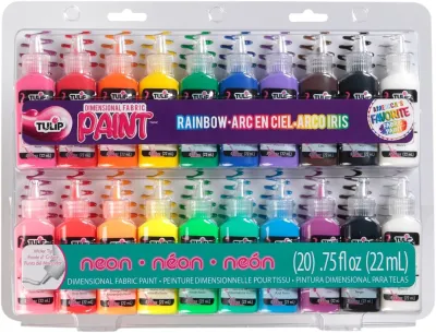 Authentic Tulip Pack of 20s Dimensional Fabric Paint Party Pack Rainbow Neon Pastel Glow in The Dark Non Toxic Permanent 3D