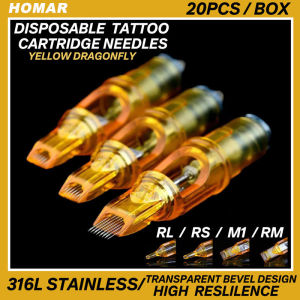 HOMAR 20pcs/box RL/RS/RM/M1 Tattoo Nidle Yellow Dragonfly Disposable Silicone Sterilized Tattoo Cartridge Needle for Liner Shader and Tattoo Rotary Machine