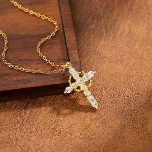 DORADO Zircon Cross Pendant Necklace Gold Color Rotatable Crown Metal Chain Necklaces Fashion Choker Style Clavicle Chain Women
