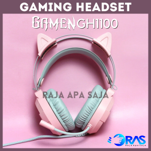 HEADSET GAMING RGB PINK Kucing - Headphones Hedset Henset Anak Perempuan Cewe Cewek Warna Pink Ping Kuping Kucing Cat Full Bass Gamers Headphone Handset Heatset Earphone Lampu LED Hedphones Heatset Mic Microfon Micropon Mix [Robot Gamen GH1100]