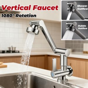360 Degree Swivel Wall Faucet with Dual Spray Modes 1080° Rotation Stainless Steel Vertical Faucet