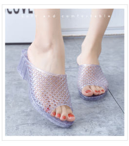[Free Shipping] Crystal Plastic Sandals For Women Summer Outdoor Wear Wedge Heel Thick Sole Non-Slip Suitable For Bathroom Shower Beach And Seaside One-Strap Design