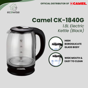 EcoWise Camel CK-1840G Glass Electric Kettle 1.8L 1500W Cordless LED Indicator Auto Shut Off Borosilicate Glass Wide Mouth (Black)