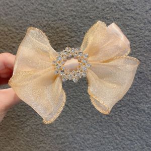 Luxury Flash Diamond Bow Hairpin Fashion Organza Hair Accessories Spring Clip Hair Pin Temperament Woman Ponytail Hair Clip Female Bow Ribbon Hairpin