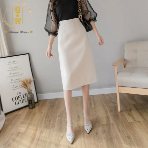 Glliya Wish Skirt Women Spring and summer high waist slim solid Color Mid-length A-line Skirt