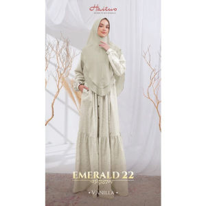 Haitwo Emerald 022 Gamis Kondangan Bahan Viscose Ramie Vanilla Blue OOTD Elegan Anggun Bordir Floral