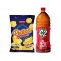 1 x Piattos Supersized Cheese Flavored Potato Crisps 170g and 1 x C2 Litro Apple Green Tea 1L. 
