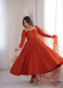 [PRE ORDER : 10 DAYS] Bollywood Style Rust & Off-White Roman Silk Anarkali – Heavy 4-Meter Flare (JBK-293)