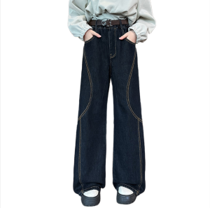 Rolanko Girls Denim Wide-Leg Pants Kids Fashion Baggy Jeans Curved Line Elastic Waist Trousers Daily Casual Wear Bottoms
