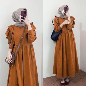 Meldy Dress Ruffle | Dress Maxi Remple Wanita | Gamis Crinkle Airflow Busui Friendly