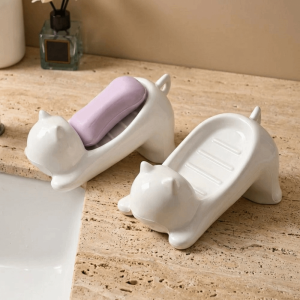 SDFG Tự động xả nước Hộp xà phòng hoạt hình Sáng tạo Hình con mèo Khay đựng xà phòng bằng nhựa Đa chức năng Chống trơn trượt Giá đỡ lọc xà phòng Hộ gia đình
