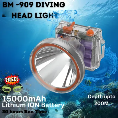 Ultra-Bright 15000mAh LED Diving Headlamp BM-909 w/3 Lighting Modes Super Bright Head Torch USB Rechargeable Lithium Battery Up to 20 Hours Runtime 1500m Long Range Lampu suluh Kepala Outdoor Adventure Sports Diving Headlight