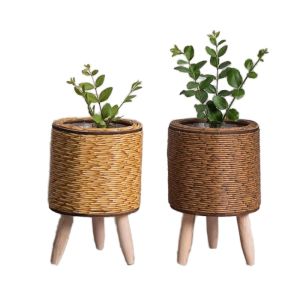 Imitation Rattan Woven Flower Planters With Removable Wooden Legs Decorative Plant Pot Stand Holder Home Decor