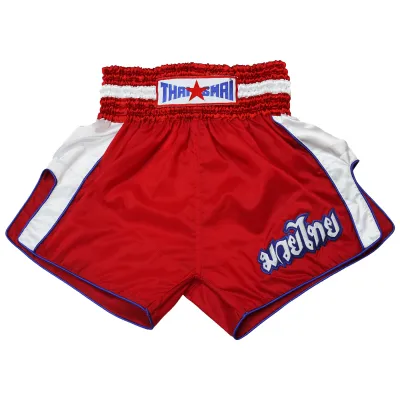Thaismai - W.002 กางเกงมวย กางเกงมวยไทย ชุดต่อสู้ สีแดง/ขาว Thai Boxing Shorts Thai Boxing Pants Red Nylon White strip (สีแดง/ขาว) THAIFIGHTPRO