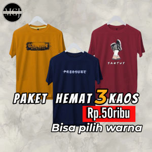 Kaos Motif Distro Pria Dewasa 50ribu Dapat 3 Lengan Pendek L XL Santai Crew neck