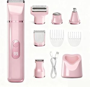 5-in-1 Electric Bikini Trimmer for Women – IPX7 Painless Electric Razor & Shaver with Dual Blades Women Pubic Facial Nose Body Leg Hair Removal USB Recharge Dock Waterproof Hygiene Razor