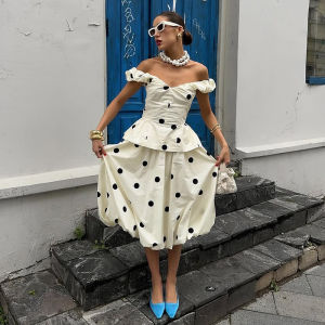 Fashion Polka Dot Two-Piece Outfit Womens Sleeveless Sling Ruffled Hem Tops Pleated Puffy Skirt 2026 Spring New Lady Casual Set2026