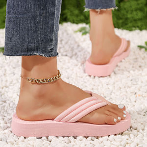 2026 Summer New Elastic Fabric Strap Wedge Heel WomenS Flip-Flops Platform Sandals Nude Beige Flip-Flops